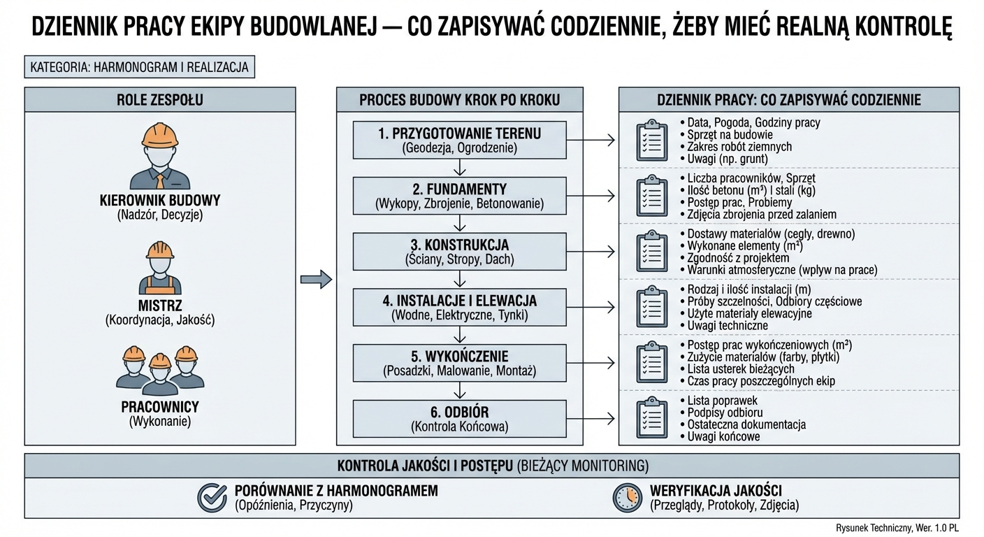 Rysunek do artykułu Dziennik pracy ekipy budowlanej — co zapisywać codziennie, żeby mieć realną kontrolę